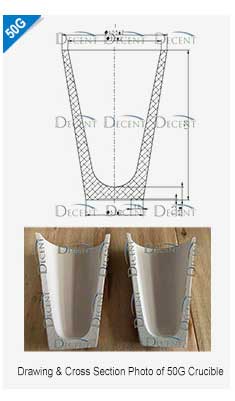 Drawing & Cross Section Photo of 50g Crucible