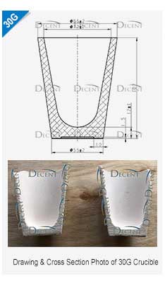 Drawing & Cross Section Photo of 30g Crucible