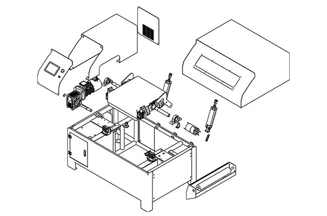 Exploded view technical drawing of a DECENT crucible tumbler machine, showing its disassembled components and internal structure.