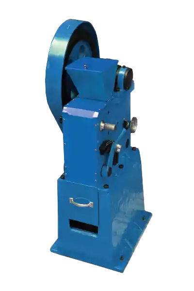 DECENT Lab Jaw Crusher DJC80D, blue industrial rock crushing machine featuring a large flywheel, side adjustment knobs, and top feed hopper