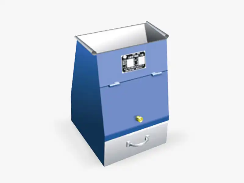 DECENT closed sample riffle with a blue finish and an integrated collection drawer.