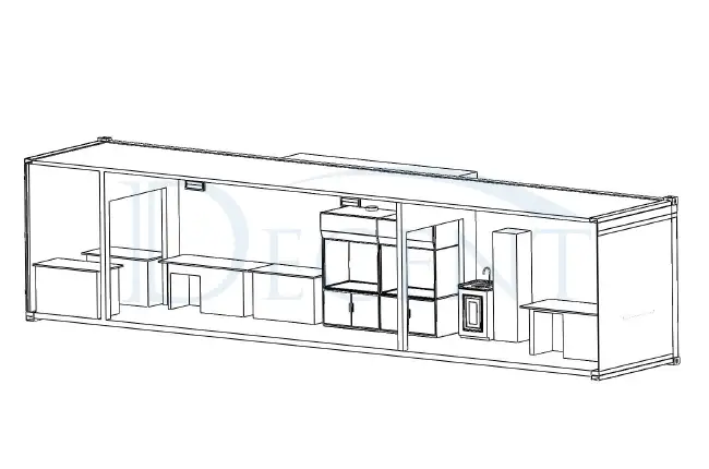 Technical wireframe drawing of a DECENT Mobile Containerized Chemical Testing Lab, showing the internal layout with lab benches, fume hood, and sink.