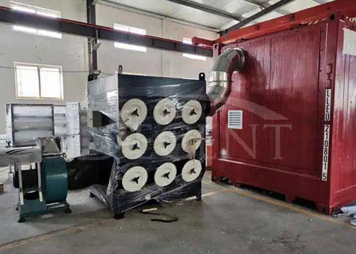 A dust removal system with a large red container, featuring a metal duct connecting to a black unit with multiple white filters, designed for containerized laboratories by Qingdao Decent Group.