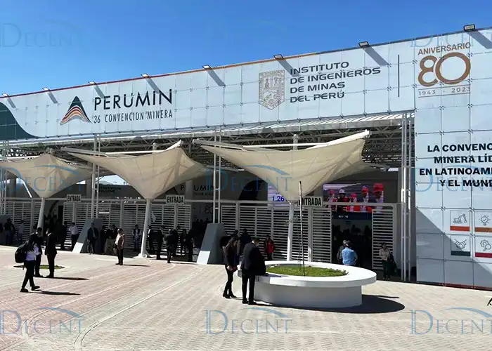 Entrance to PERUMIN 36 Mining Convention, where Qingdao Decent Group achieved great success, with attendees and large banners.