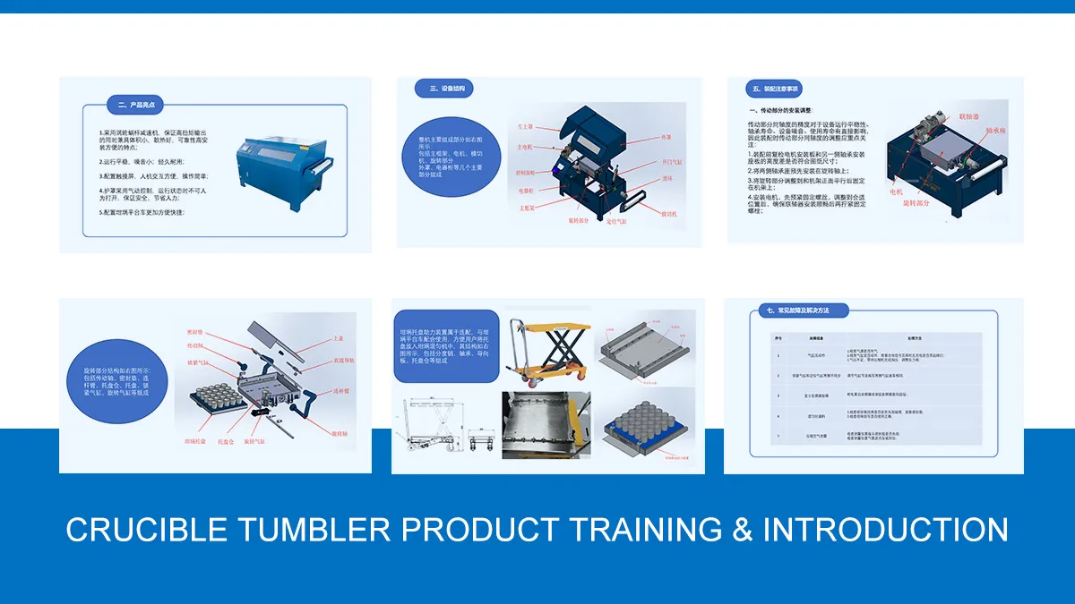 Qingdao Decent Group Successfully Held Internal Training On Crucible Tumbler Products插图 A presentation slide for Crucible Tumbler Product Training and Introduction, showing technical diagrams, product features, and component breakdowns in Chinese.