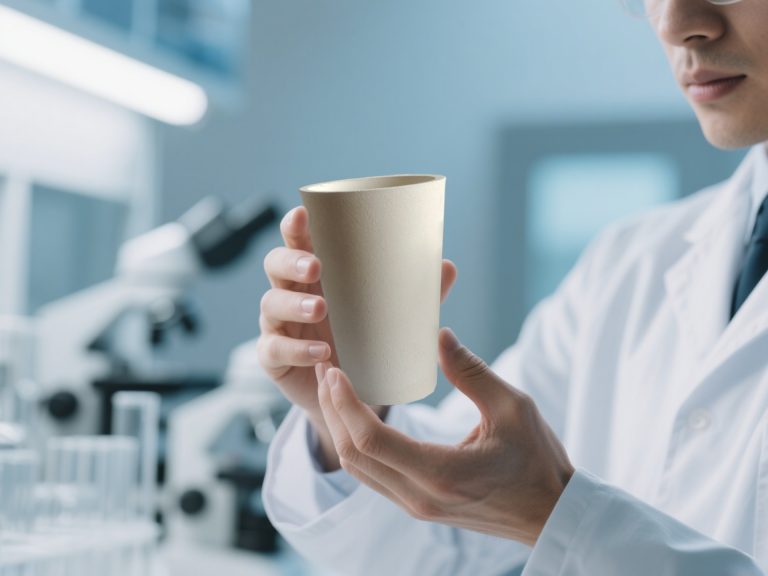 A scientist in a lab coat holding a DECENT fire assay clay crucible, with a blurred laboratory background.