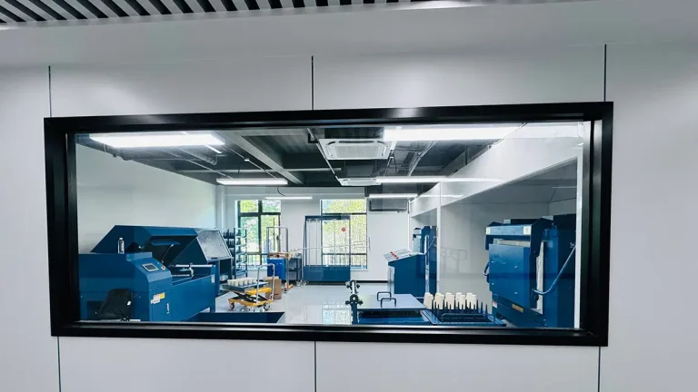 Interior view of the updated Changkuang Testing Laboratory, showing modern semi automated fire assay and mineral testing equipment by DECENT through a large window.