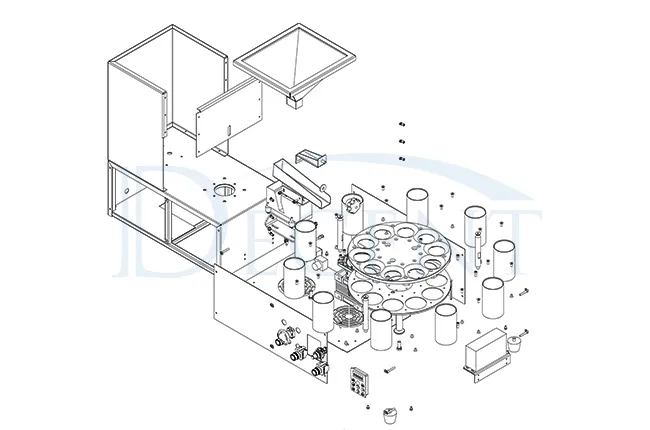 Exploded view technical drawing of the DECENT Benchtop Rotary Sample Divider, showing its disassembled components including the frame, hopper, vibrating feeder, and collection carousel.
