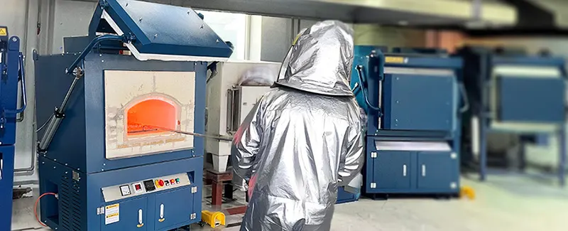 Technician in protective gear performing fire assay with a high-temperature furnace, demonstrating DECENT's precise laboratory operations