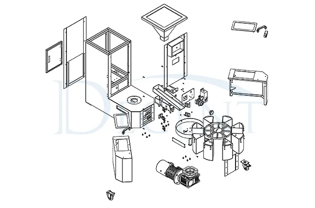 Exploded view technical drawing of the DECENT Floor Type Rotary Sample Divider, showing its disassembled components including the main frame, hopper, vibrating feeder, and collection carousel.