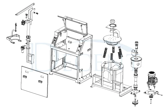 Exploded view technical drawing of the DECENT Lab Pulverizer Mill DP2000, showing its disassembled components including the main cabinet, grinding mechanism, motor, and bowl lifting arm.