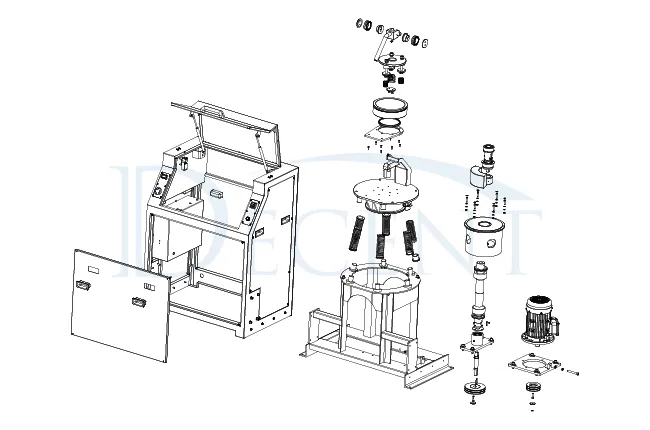 Exploded view technical drawing of the DECENT Lab Pulverizer Mill DPM1000, showing its disassembled components including the main cabinet, grinding mechanism, motor, and clamping system.