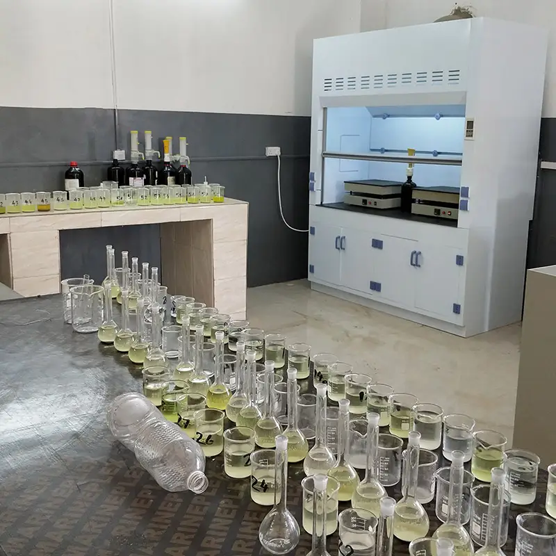 DECENT sample preparation laboratory with beakers, flasks, and a white fume hood. Qingdao Decent Group chemical analysis lab setup.