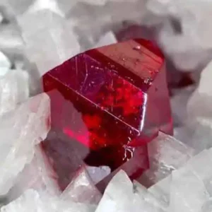5 Stunning The Minerals Types That Will Amaze You - Nature's Hidden Treasures 27 A brilliant, deep red cinnabar crystal, a mercury sulfide mineral, surrounded by a cluster of smaller white minerals.