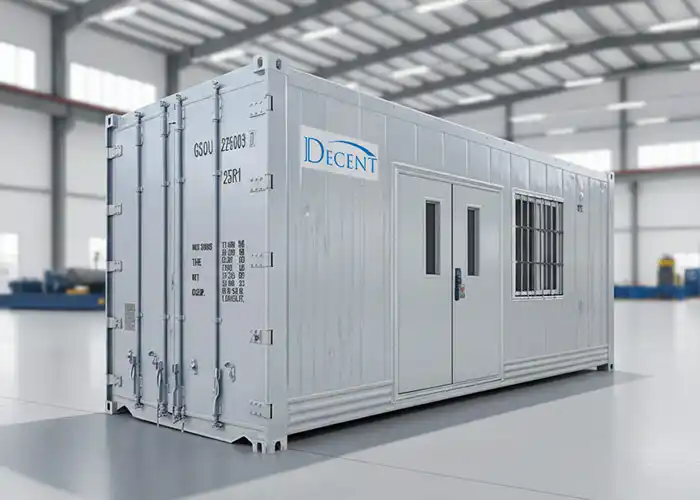 Exterior view of a white 20-foot containerized mobile mineral processing laboratory by Qingdao Decent Group, with the "DECENT" logo, doors, and a window, ready for deployment in Djibouti.