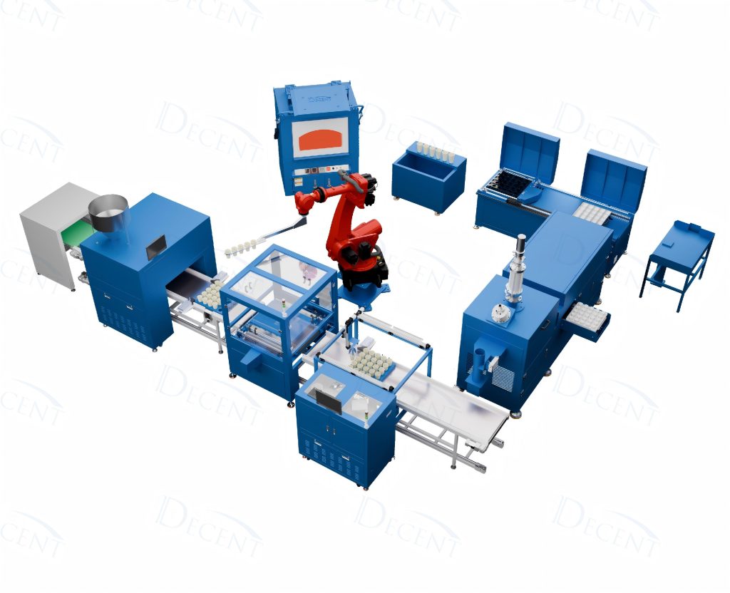 DECENT automated mineral processing lab equipment system featuring robotic arm, sample preparation units, conveyor system, and integrated analysis modules for efficient mineral testing.