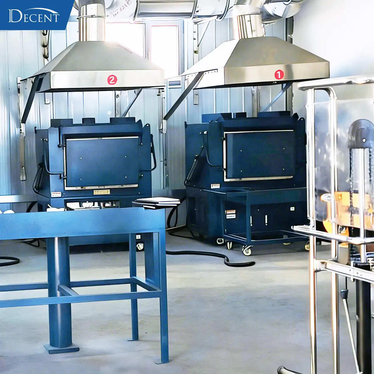 Completed fire assay laboratory with two fusion furnaces and exhaust hoods, built by Qingdao Decent Group for Qinghai mining area in extreme cold prefabricated house.