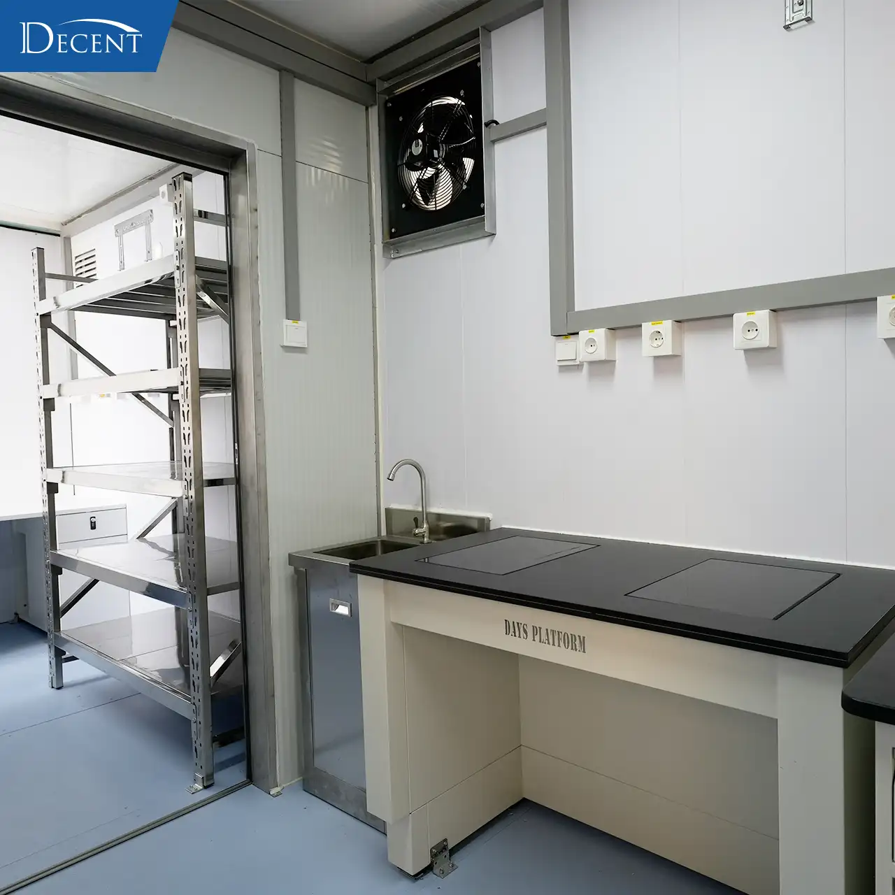 Qingdao Decent Group washing sink and sample storage area in Australia XRF analysis container lab, on-site critical minerals testing facility