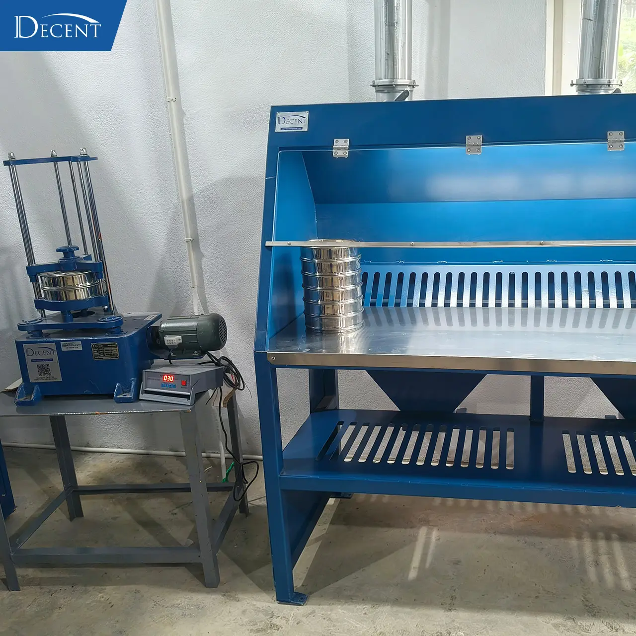 Qingdao Decent Group Laos fire‑assay lab sample preparation zone, standard sieve shaker and ventilated laboratory workbench for turnkey mineral laboratory construction